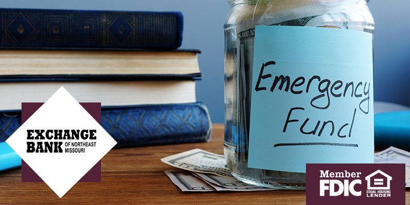 Calculator in top left corner and blue piggy bank in bottom left, three sticky notes one labeled emergency fund and the other two with graphs 