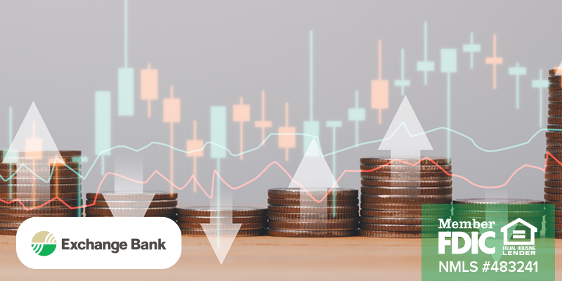 Stack of coins in horizontal row with arrows going up and down on the screen indicating changing rates