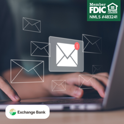 Person at home typing on laptop with illustration overlay of envelope icons and email icon highlighted with one notification with one notification